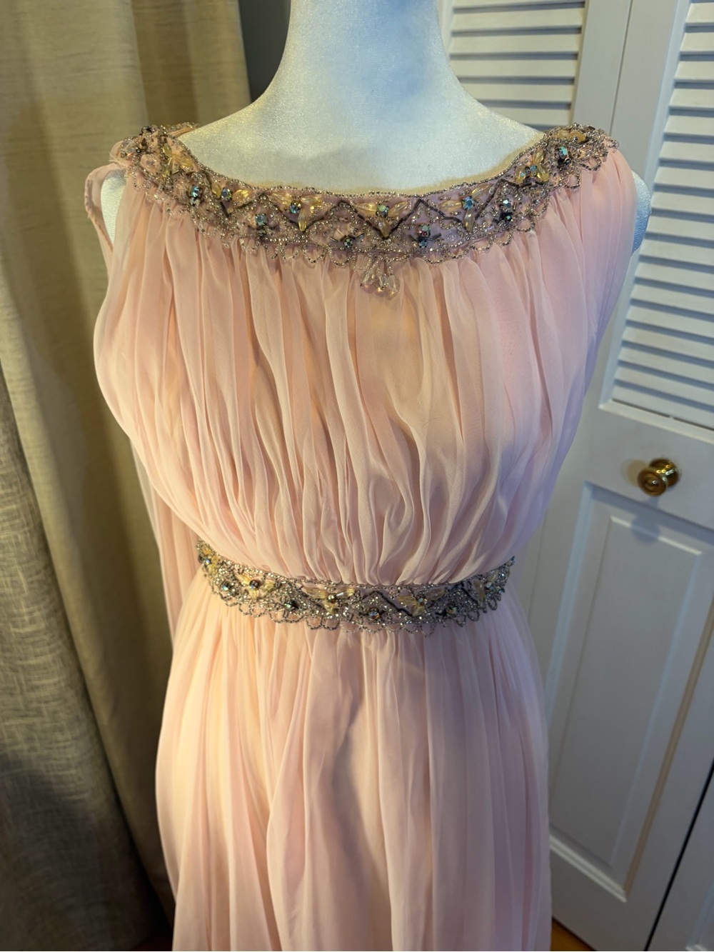 Union Made Vintage One-Shoulder Pale Pink Chiffon Gown with Beaded Embellishment - Picture 2 of 14